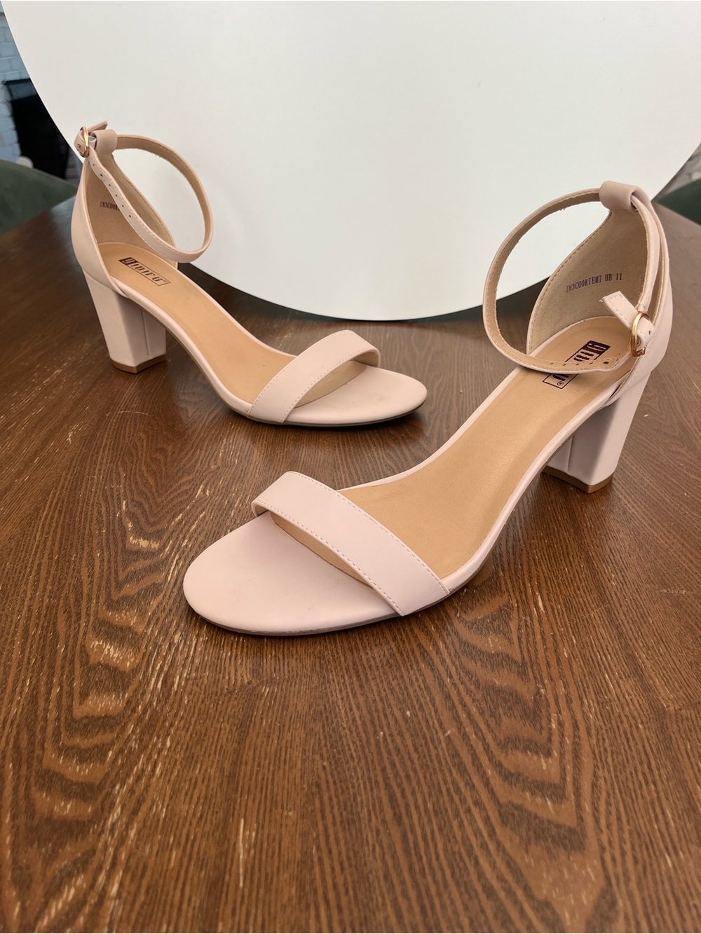 Open Toe Block Heels with Ankle Strap, Nude, Size 11